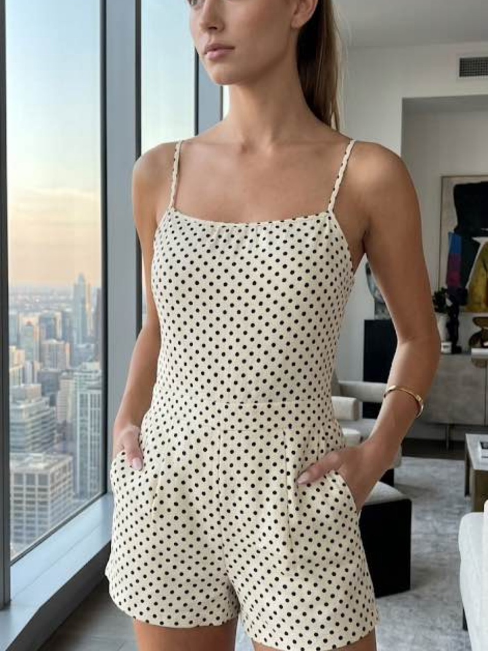 Off white black Polka Dot Spaghetti Strap Romper Jumper Shorts Jumpsuit